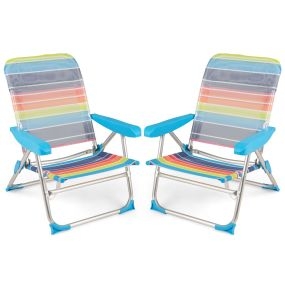 Juego de 2 Sillas de Playa para Adultos Silla de Picnic Plegable con Reposabrazos Respaldo de 4 Posiciones Correa de Transporte Multicolor