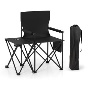 Juego de 2 sillas de camping plegables con mesa lateral y portavasos, 83 x 55 x 91 cm, negro