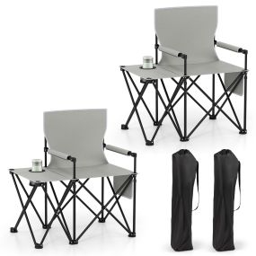 2 sillas de camping ligeras con mesa lateral, 2 bolsillos, portavasos y reposabrazos acolchados, gris, 83 x 55 x 91 cm