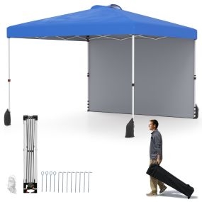 Campaña emergente 3 x 3 m azul con 1 pared lateral, bolsa con ruedas, 8 estacas, 4 anclajes, 4 cuerdas y 4 sacos de arena, tapa ventilada