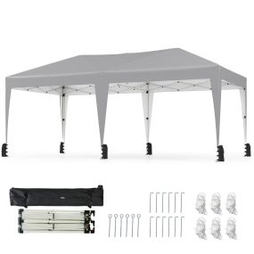 Toldo plegable exterior gris 305 x 590 x 266 para 6-8 personas con estacas, cuerdas y ruedas
