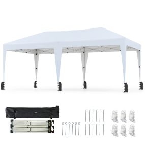 Toldo plegable exterior blanco 305 x 590 x 266 cm para 6-8 personas con estacas, cuerdas y ruedas