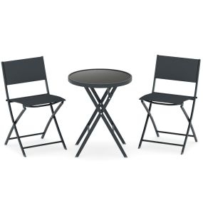 Set de Bistró Plegable de 3 Piezas para Exterior con Asiento Transpirable y Tablero de Vidrio Templado de Metal para Patio o Jardín Negro