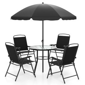 Conjunto de Comedor de Exterior de 6 Piezas con Sombrilla Mesa Redonda y Sillas Plegables para 4 Templado para Jardín Negro