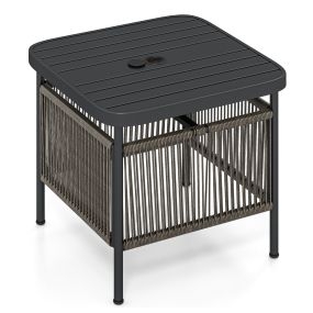 Mesa de Jardín Mesa Cuadrada de Exterior con Agujero para Sombrilla y Encimera de Metal con Listones 56 x 56 x 49 cm Negro y Gris