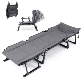 Cama Plegable 3 en 1 de Una Pieza con Tubo Cuadrado y Respaldo Ajustable en 6 Posiciones para Camping Interior y Exterior Gris