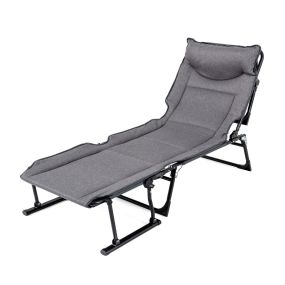 Cama Plegable de Camping 3 en 1 Individual Acolchada de Una Pieza con Respaldo Ajustable en 6 Posiciones Reposacabezas y Almohada para Interior y Exterior Gris