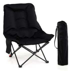 Silla de camping portátil con respaldo ajustable y bolsillo lateral, metal, negro, con bolsa de transporte