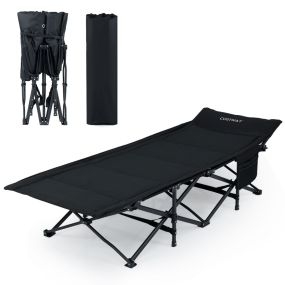 Catre plegable para acampar para adultos con reposacabezas, bolsillo lateral y bolsa de transporte negro