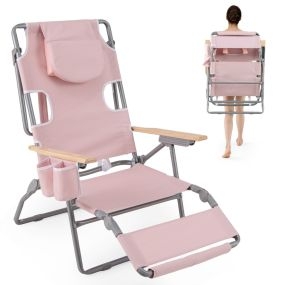 Silla de Playa Plegable 3-en-1 con Agujero para la Cara Reposapiés Respaldo Silla Reclinable Portátil para Tomar el Sol Rosa