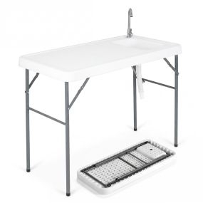 Mesa plegable camping para limpiar pescado con fregadero grifo manguera desagüe HDPE metal 104x59x76 cm blanco