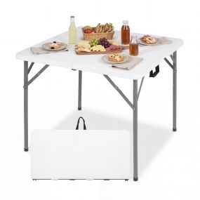 Mesa de picnic plegable de HDPE con patas metálicas y asa de transporte, blanca para interior y exterior