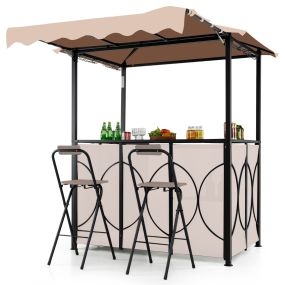 Conjunto de bar de jardín con mesa, 2 taburetes plegables y estantes de metal, café 193 x 117 x 240 cm