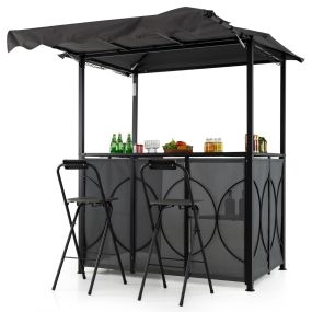 Conjunto de bar de jardín con mesa y 2 taburetes plegables de metal gris 193 x 117 x 240 cm