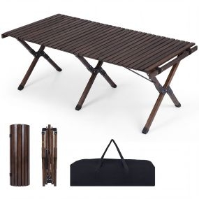 Mesa plegable de camping de madera de pino con tablero enrollable y bolsa de transporte 122x60x45 cm café