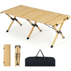 Mesa plegable de camping de madera de pino con tablero enrollable y bolsa de transporte 122x60x45 cm natural