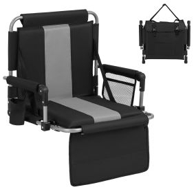 Asiento de Estadio Plegable con Respaldo y Reposabrazos Bolsa de Malla Lateral Portavasos para Eventos Deportivos Conciertos Gris