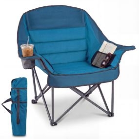 Silla Camping Plegable Extragrande con Bolsillos Portavasos Bolsa Transporte Marco Metal Acolchado para Playa Pesca 225kg Azul