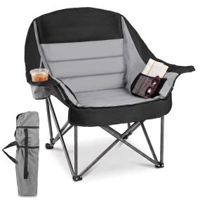 Silla Camping Plegable Extragrande con Bolsillos Portavasos Bolsa Transporte Marco Metal Acolchado para Playa Pesca 225kg Negro