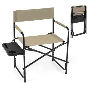Silla Camping Plegable Director con Mesa Portavasos Estructura Metálica Asa Transporte Carga 160kg para Pesca Playa Picnic Caqui