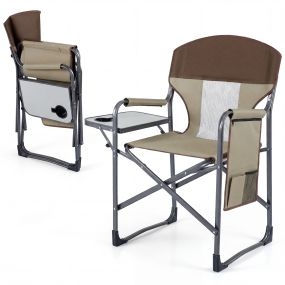 Silla Camping Plegable Acolchada con Mesa Lateral Portavasos Bolsillos Carga 180kg Estructura Metálica para Pesca Picnic Marrón