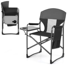 Silla Camping Plegable Acolchada con Mesa Lateral Portavasos Bolsillos Carga 180kg Estructura Metálica para Pesca Picnic Negro
