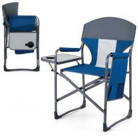 Silla Camping Plegable Acolchada con Mesa Lateral Portavasos Bolsillos Carga 180kg Estructura Metálica para Pesca Picnic Azul