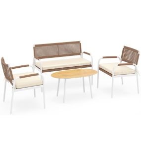 Conjunto Patio 4 Piezas Sofá 2 Plazas Ratán PE con 2 Sillones Cojines Mesa Vidrio Templado para Balcón Porche Jardín Beige