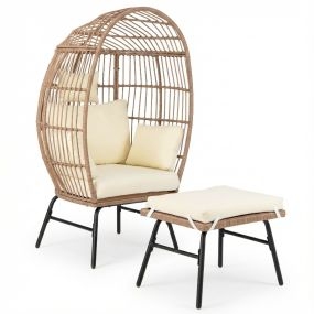 Silla Huevo Ratán PE Otomana Asiento Interior Exterior Cojines Almohadas Reposapiés Extragrande Balcón Piscina Porche Sala Marrón Mixto