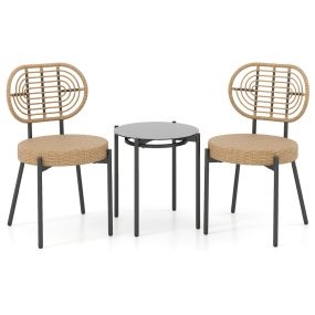 Conjunto Bistró PE Ratán 3 Piezas con Mesa de Café de Vidrio Templado Muebles Exterior para Porche Balcón Terraza y Patio Caqui