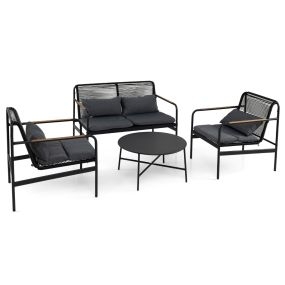 Juego Muebles Patio 4 Piezas Exterior Mimbre Estructura Metálica Cojines Ratán PE 2 Sillones con Mesa Porche Jardín Balcón Negro