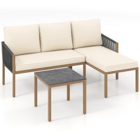 Conjunto de 3 Piezas Muebles de Jardín en Forma de L con Mesa Centro Sofá 2 Plazas Tumbona Cojines para Terraza Patio Beige