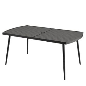Mesa Comedor Rectangular 160x90cm con Orificio Sombrilla 4cm Encimera Listones Metálicos para Patio Jardín Carga 100kg Negro