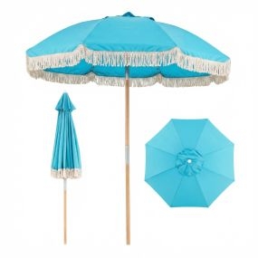 Sombrilla de Playa Grande 173cm Mástil Madera 8 Varillas Fibra Vidrio Inclinable con Borlas para Exterior Jardín Azul