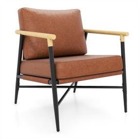 Sillón Mediados de Siglo Cuero Artificial Cojín Respaldo Extraíble Estructura Metálica para Sala Estar Dormitorio Oficina Marrón