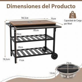 Carrito de Barbacoa con Parrilla Mesa Exterior Panel Plegable 2 Estantes Almacenaje con Ruedas para Picnic Fiesta 94,5x75x78,5cm
