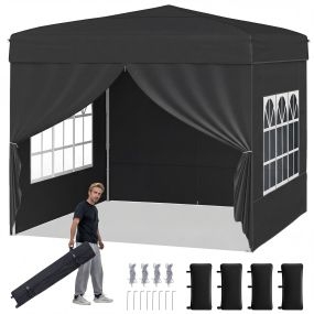 Carpa Emergente Plegable 290 x 290 cm Cenador Exterior con 4 Paredes Laterales Desmontables Altura Ajustable Pop-up Negro