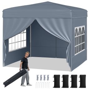 Carpa Emergente Plegable 290 x 290 cm Cenador Exterior con 4 Paredes Laterales Desmontables Altura Ajustable Pop-up Gris