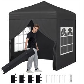 Carpa Plegable Emergente 194 x 194 cm Cenador de Jardín con 4 Paredes Laterales 3 Alturas Ajustables 4 Aacos de Arena 8 Estacas Negro