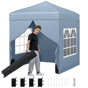 Carpa Plegable Emergente 194 x 194 cm Cenador de Jardín con 4 Paredes Laterales 3 Alturas Ajustables 4 Aacos de Arena 8 Estacas Gris