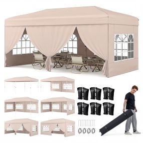 Carpa plegable 3x6 m beige con 6 paneles laterales, marco metálico, altura ajustable, 10 estacas, 6 cuerdas y bolsa con ruedas
