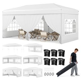 Carpa plegable 3x6 m blanca con 6 paneles laterales, marco metálico, altura ajustable, 10 estacas, 6 cuerdas y bolsa con ruedas