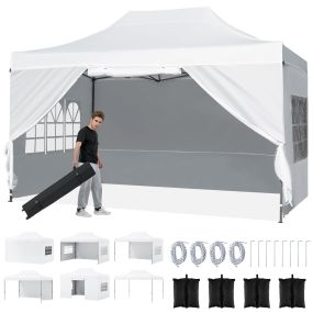Carpa plegable 431x291 cm gazebo pop-up con 4 paredes desmontables altura ajustable blanca
