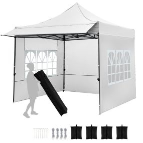 Carpa Plegable 3x3m con 3 Paredes Laterales Altura Ajustable 4 Sacos de Arena Cuerdas Estacas Bolsa con Ruedas para Fiestas Camping Blanco