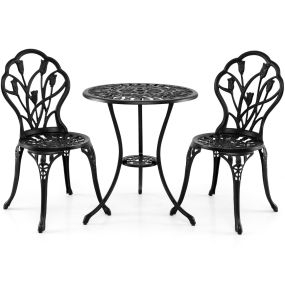 Conjunto Bistró 3 Piezas Aluminio Fundido Mesa y Sillas Patio Todo Clima con Orificio Sombrilla Exterior Espacios Pequeños Jardín Negro