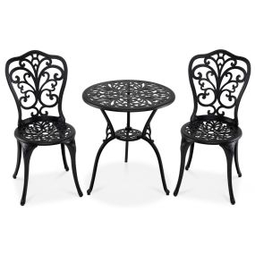 Conjunto Bistró 3 Piezas Aluminio Fundido Mesa y Sillas con Agujero Sombrilla Respaldo Diseño Mariposa Exterior Jardín Balcón Patio Negro