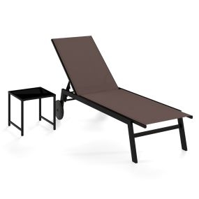 Conjunto 2 Piezas Tumbona Patio Tela Transpirable Respaldo Ajustable Ruedas Mesa Cristal Templado Muebles Exterior Marrón