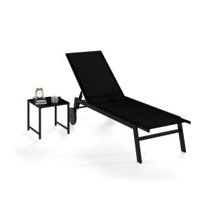 Conjunto 2 Piezas Tumbonas Patio Sillón Reclinable Tela Transpirable Mesa Cristal Templado Respaldo Ajustable Ruedas Exterior Negro