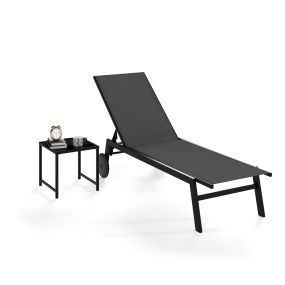 Conjunto 2 Piezas Tumbonas Patio Sillón Reclinable Tela Transpirable Mesa Cristal Templado Respaldo Ajustable Ruedas Exterior Gris y Negro