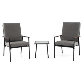 Conjunto de jardín 3 piezas con 2 sillas y mesa auxiliar de vidrio templado negro y gris